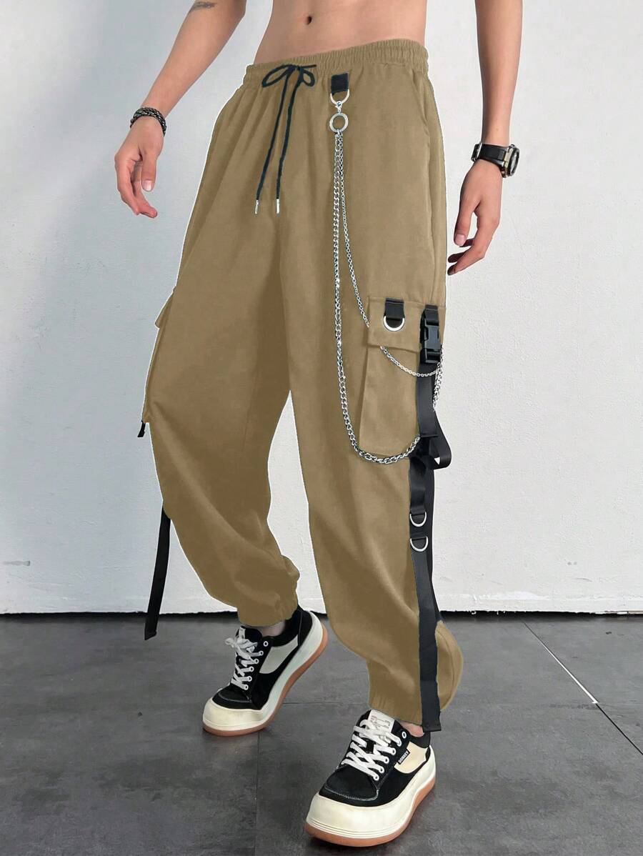 Manfinity Roghcode Loose Men's Chain Detail Flap Pocket Side Cargo Pants - Khaki - View 1