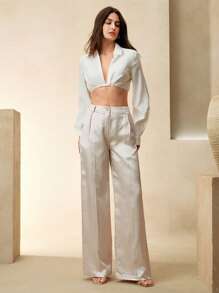 Anewsta Elaire 女式高腰直筒长裤，气质休闲，醋酸纤维缎纹面料，简约设计 - 米色 - 查看 7