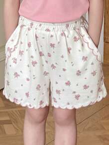 DAZY Pantalones cortos informales de niña con estampado floral y sólido, moda minimalista adecuada para el verano - Blanco - Ver 1