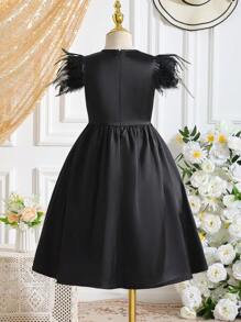 Tween Girl Ramadan Letter Ribbon Feather Sleeve Decor Traditional Festival Dress - Black - View 2
