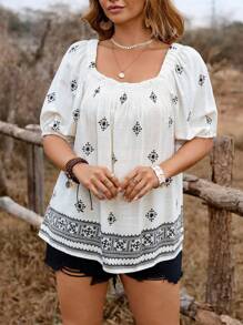 SHEIN Clasi Áo sơ mi tay ngắn tay bồng in họa tiết phong cách phương Tây Boho cỡ lớn - Đen và trắng - Xem 3