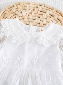Cozy Pixies Baby Girl Solid Color Round Neck Puff Sleeve Cinched Waist Casual Versatile Dress - White - View 8