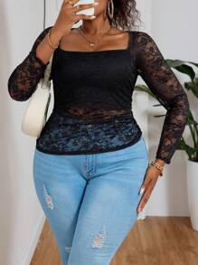 SHEIN PETITE CURVE Plus Size Women Lace Square Neck Long Sleeve Fitted Top - Black - View 6
