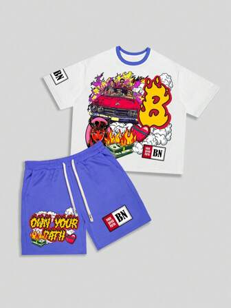 Men's Letter & Flame Print Round Neck Short Sleeve Casual T-Shirt And Drawstring Waist Shorts Set