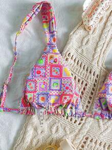 Swim Mod Women's Bohemian Floral Print Triangle Bikini Top For Summer Beach Vacation - Multicolor - View 3