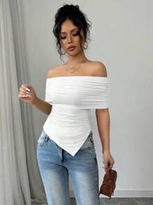 Selianne Women's Elegant Off-Shoulder Wide Collar Ruched Hem Slim Fit T-Shirt, Spring/Summer - White - View 3