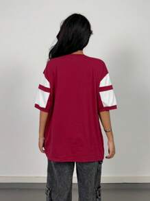 SHEIN Tween Girls Spring/Summer Casual Round Neck Raglan Sleeve Splicing 91 Graphic Tee Graphic Tees - Burgundy - View 2