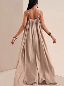 Slaydiva Plus Size Women Solid Color Pleated Slip Maxi Casual Dress,Flowy Dress