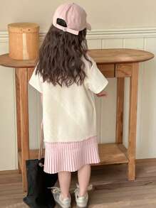 Dazy Kids Kleine Mädchen Rundhals Schleifenprint Patchwork Kurzarm Frühlings-/Sommerkleid - Weiss - Übersicht 5