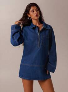 Forever 21 New Autumn/Winter Denim Wash Polo Collar Loose Long Sleeve Half Zip Up Short Casual Dress - Royal Blue - View 3
