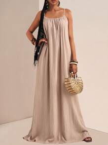 Slaydiva Plus Size Women Solid Color Pleated Slip Maxi Casual Dress,Flowy Dress