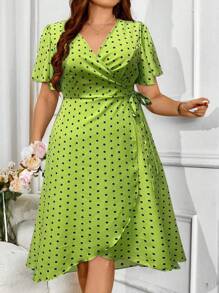 Breezaya 大码女式夏季圆点荷叶边袖裹身连衣裙长款女装