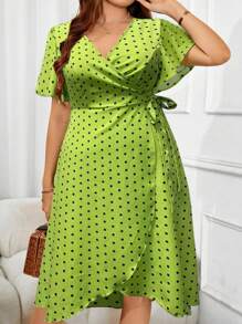 Breezaya 大码女式夏季圆点荷叶边袖裹身连衣裙长款女装