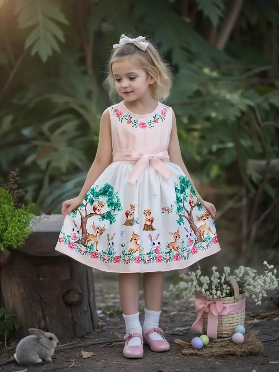 Young Girl's Animal Print Sleeveless Casual Vacation Dress - Pink - View 1