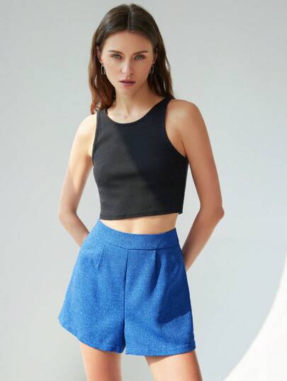 SHEIN Privé 2025 İlkbahar/Yaz Yeni Avrupa Amerikan Modası Zarif Çok Yönlü Basit Zarif İş Giyimi Yüksek Bel İnce Görünmez Fermuar Düz Bacak Kadın Şortları