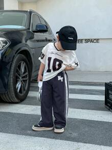 SHEIN Leap Crew 1pc Kids Casual Sports Embroidered Patchwork Drawstring Loose Straight Solid Color Pants, Suitable For Commuting, School, Daily Casual, Vacation, Sports, Spring, Summer, Autumn, Winter - Navy Blue - View 4