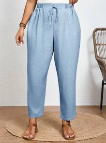 SHEIN Frenchy Plus Size Solid Color Casual Trousers With Elastic Waist And Diagonal Pockets