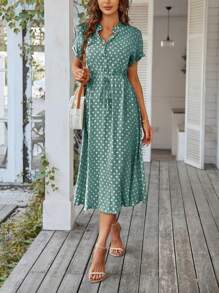 Breezaya Polka Dot Drawstring Button Front Dress Maxi Vacation Beach Outfits Dam - Grön - Visa 3