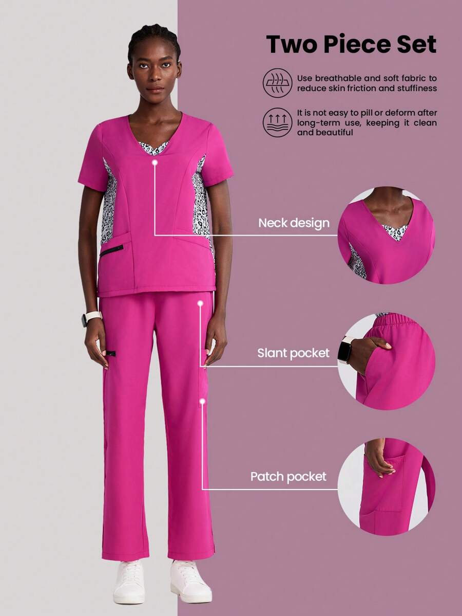 Scrubzie 豹纹 V 领六口袋短袖上衣和裤子/护理手术服套装 女士手术服 女士手术服套装 护士手术服套装 女士手术服套装 基本慢跑手术服套装 护理手术服 弹力 V 领上衣和抽绳裤 缺口 V 领塞入式上衣和抽绳直筒裤 女士手术服套装 护士美容院工作服 临床手术服上衣裤子套装 水疗中心医生护理临床套装 - 玫紅色 - 查看 1