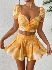 Breezaya 2 件套女士纯色短袖短款上衣和裙子，女士夏季服装女士两件套服装，女士夏季服装 - 黃色 - 查看 5