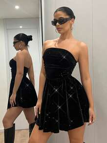 SHEIN ICON Party Shiny Bandeau Bodycon A-Line Mini Princess Dress, Black - Black - View 1