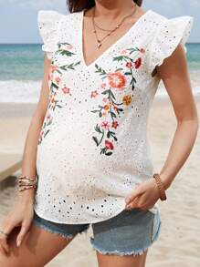 SHEIN Blusa casual de cuello en V con bordado de ojal para embarazadas, ideal para vacaciones y playa