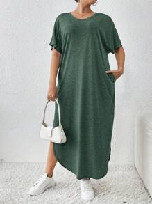 SHEIN Essnce Plus Size Women's Spring And Summer New Fashion Commuter Casual Pocket Design Slit Long Robe Dress - Dark Green - View 4