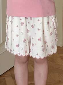 DAZY Pantalones cortos informales de niña con estampado floral y sólido, moda minimalista adecuada para el verano - Blanco - Ver 5