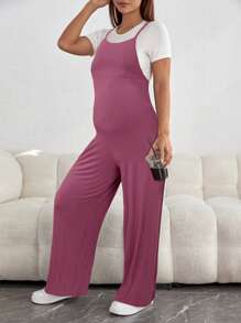 SHEIN 孕妇纯色休闲百搭连身裤 - 藕粉色 - 查看 5