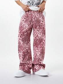 Manfinity EMRG Plus Size Men's Leopard Print Loose Wide-Leg Casual Jeans