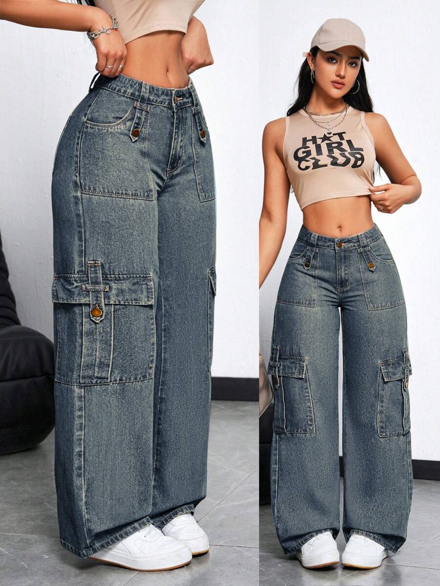 SHEIN ICON Women's Casual Long Denim Jeans With Zipper Details And Cargo Pockets - Blue - View 1