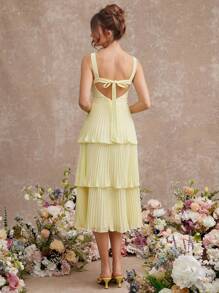L'Amorae 优雅淡黄色雪纺层叠中长连衣裙，后背系带设计，婚礼宾客礼服，女士夏季服装 - 黃色 - 查看 2