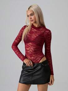 TRNVIE Ladies' Simple & Versatile Lace Bodysuit For Holiday Party Clothes Fall Cloth For Women - Burgundy - View 5
