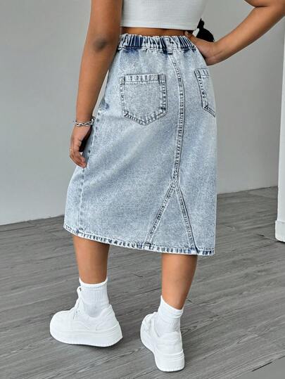 SHEIN Elladie kids Pre-Tween Girls Versatile All-Match Simple Casual Washed Light Blue Denim Mini Skirt, School, Campus, College