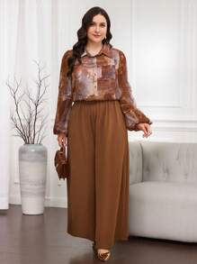 Lacomfia Plus Size Women Arabic Style Tie-Dye Print Lantern Sleeve Shirt And Pants Set