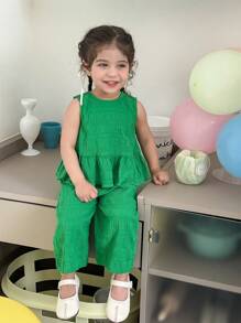 Baby Girls Green Vest And Pants 2 Pieces Outfit, Cute Summer Vacation Set