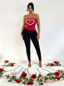 SHEIN SXY Summer Valentine's Day Sexy Heart Shaped Ribbon Embroidered Letter Camisole Top - Red - View 3