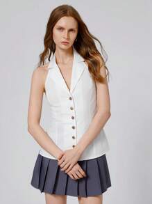 Aveloria Affinna Minimalist Folded Collar Halter Deep V Metal Button Front Cropped Women Vest