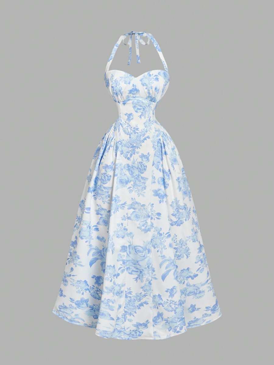 SHEIN X ELOISA & ORSON SHEIN MOD Vestido de mujer de longitud media con estampado floral romántico y escote de halter