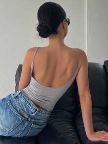 DAZY 女款夏季休閒純色修身露背細肩帶背心上衣 - 淺灰色 - 查看 5