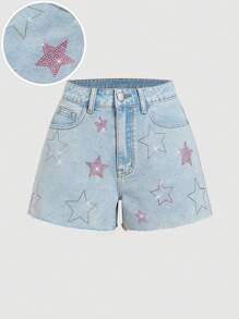 SHEIN MOD 女士牛仔短裤，休闲修身星星印花款式，女士夏季装，女士度假装，女士巡航装，狂欢节，狂欢，女士节日，乡村音乐会，飘逸短裤，伊比沙岛，狂欢 - 淺色水洗藍 - 查看 1
