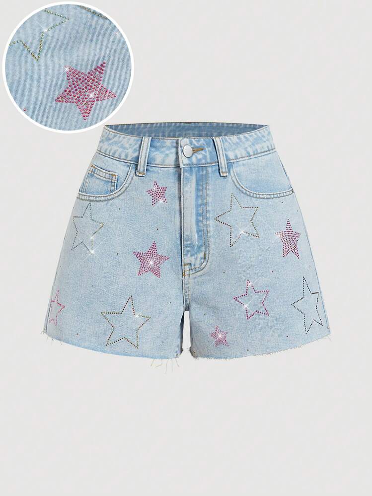 SHEIN MOD 女士牛仔短裤，休闲修身星星印花款式，女士夏季装，女士度假装，女士巡航装，狂欢节，狂欢，女士节日，乡村音乐会，飘逸短裤，伊比沙岛，狂欢 - 淺色水洗藍 - 查看 1