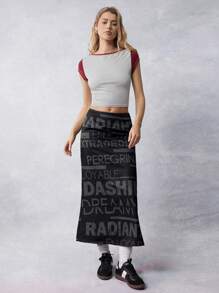 SHEIN EZwear Rok Panjang Kasual Wanita Vintage Motif Huruf dengan Belahan Bawah, Cocok untuk Festival Pameran Renaissance Musim Panas. - Hitam - View 2
