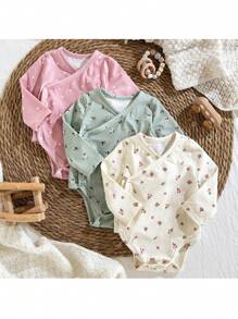 Loomiva 3pcs/Set Newborn Baby Boy/Girl Dot & Ditsy Floral Pattern Soft Knit Crew Neck Long Sleeve Bodysuit Clothing Sets - Pink - View 1