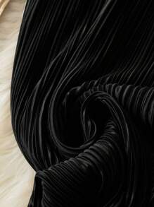 SHEIN PETITE 女式休闲卡其色褶皱松紧腰阔腿裤，春夏 - 黑色 - 查看 4