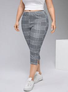 SHEIN Essnce Plus Size Checkered Split Hem Skinny Cropped Leggings - Navy Blue - View 6