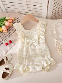 2pcs Baby Girls' White Textured Fabric Bow Bodysuit And Bow Headband Set, Cute Mommy And Me Matching Outfits, Spring/Summer