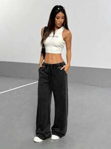 StreetHx Women's Streetwear Vintage Washed Loose Straight Casual Sweatpants, Autumn - Grey - View 5