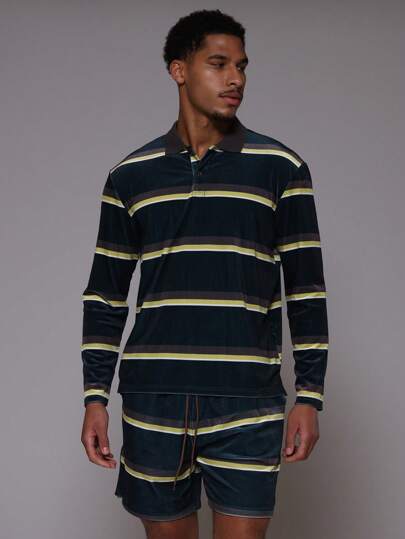 Musero Velour Striped Oversized Button Up Long Sleeve Rugby Shirt Only