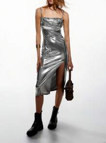 SHEIN EZwear Women's Sleeveless Silver Color Side Slit Ruched Hem Dress - Silver - View 3